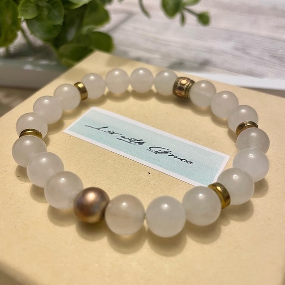 White Jade and Gold Bangle Bracelet – Marika Gems LTD White Jade Gemstone Bracelet 8mm with Gold accents, stretch handmade, stacking